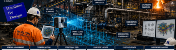 Engineering-grade MSP drafting for smelting and steel making facilities showing structural steel, pipework systems, 3D laser scanning and industrial plant design.
