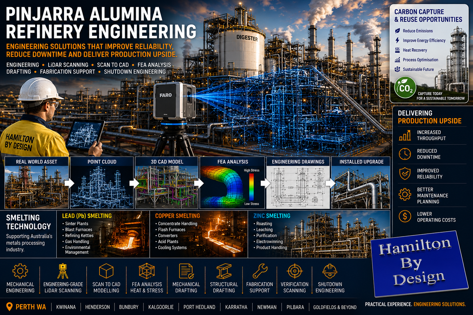 Engineering support for Pinjarra Alumina Refinery featuring LiDAR scanning, Scan to CAD, finite element analysis, drafting, fabrication support and shutdown engineering for refining and smelting operations.