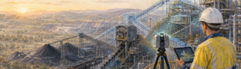 Colour-pencil illustration of 3D laser scanning at a Hunter Valley coal handling plant, with an engineer, conveyors, rail wagons and the Hamilton By Design logo.