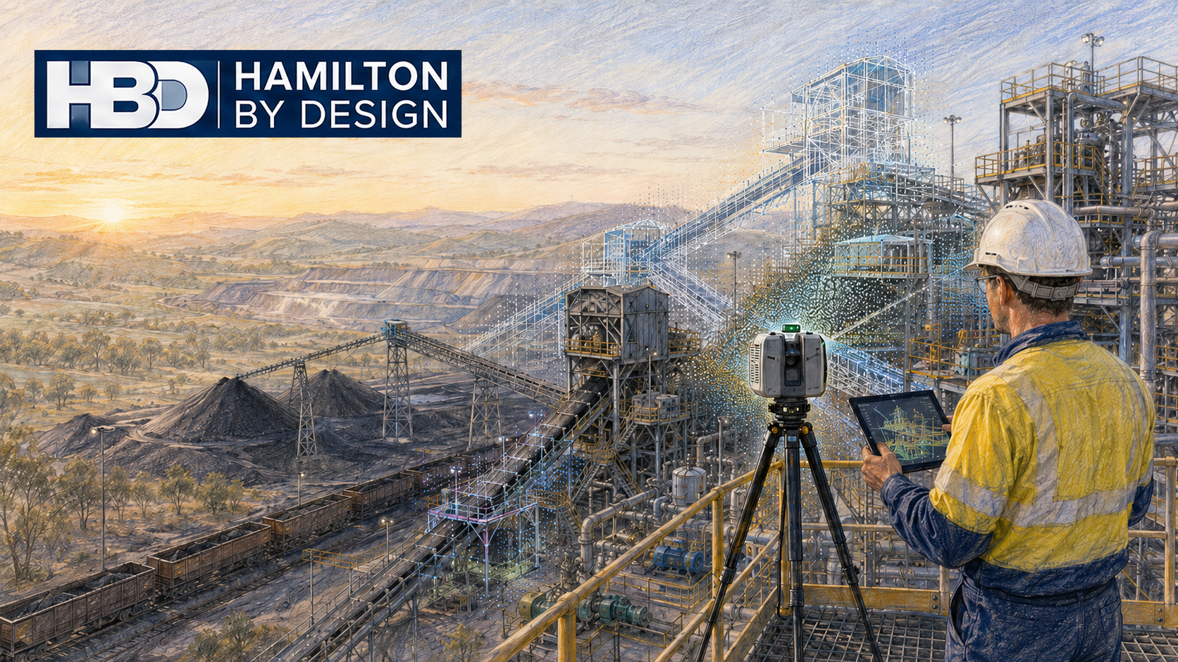 Colour-pencil illustration of 3D laser scanning at a Hunter Valley coal handling plant, with an engineer, conveyors, rail wagons and the Hamilton By Design logo.