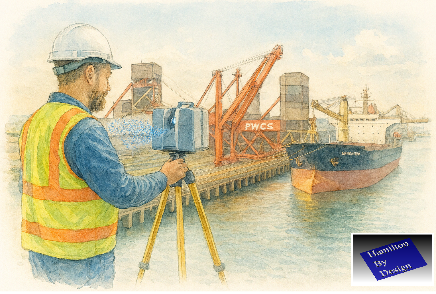 3D scanning of heavy industrial port infrastructure in Kooragang Newcastle watercolour style