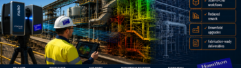 Engineering-grade LiDAR scanning of an industrial plant showing a terrestrial scanner capturing a point cloud that transitions into CAD models and fabrication-ready engineering outputs.