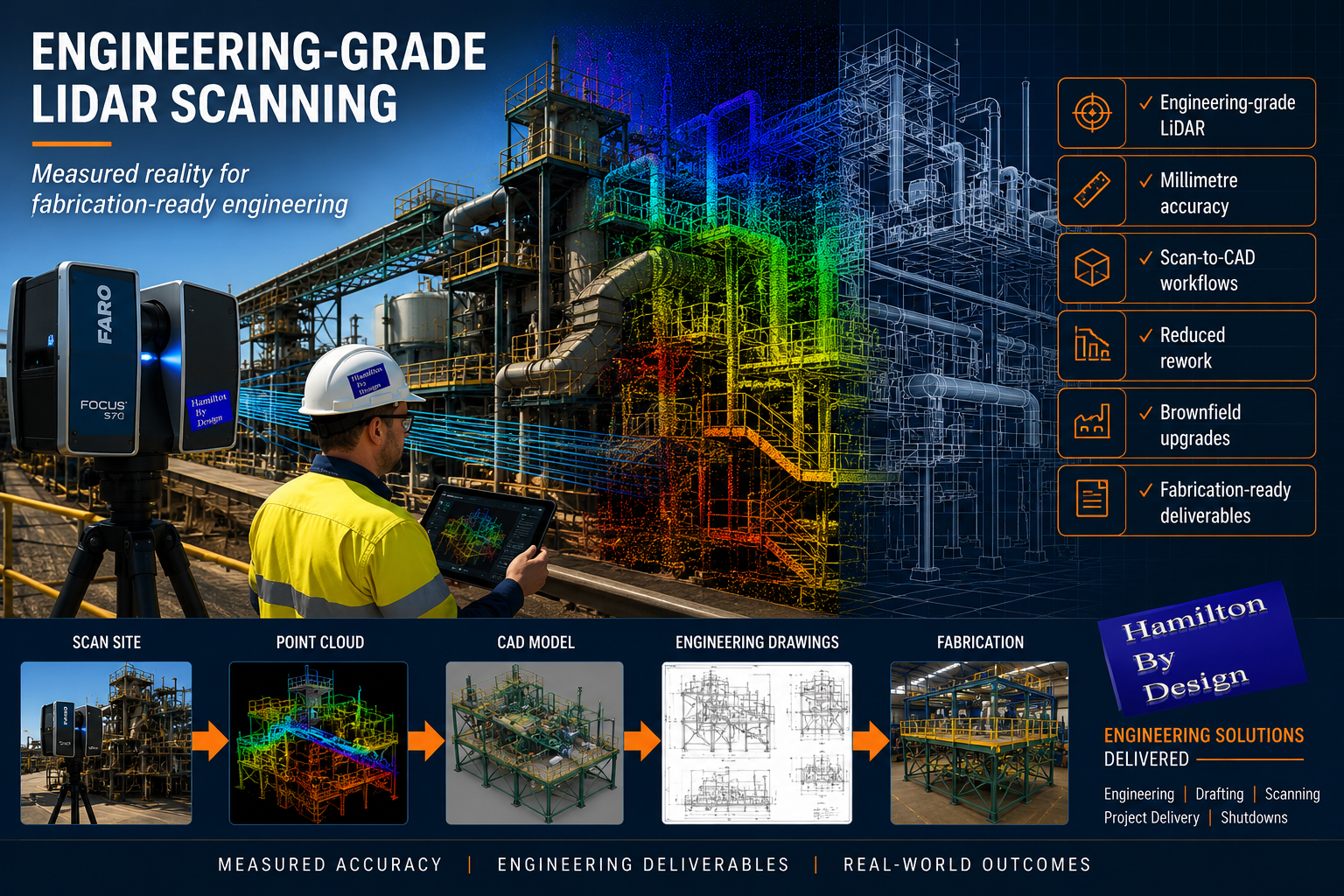 Engineering-grade LiDAR scanning of an industrial plant showing a terrestrial scanner capturing a point cloud that transitions into CAD models and fabrication-ready engineering outputs.