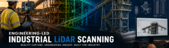 Engineer performing industrial LiDAR scanning on an Australian mining plant with point cloud overlay and mechanical CAD modelling workflow