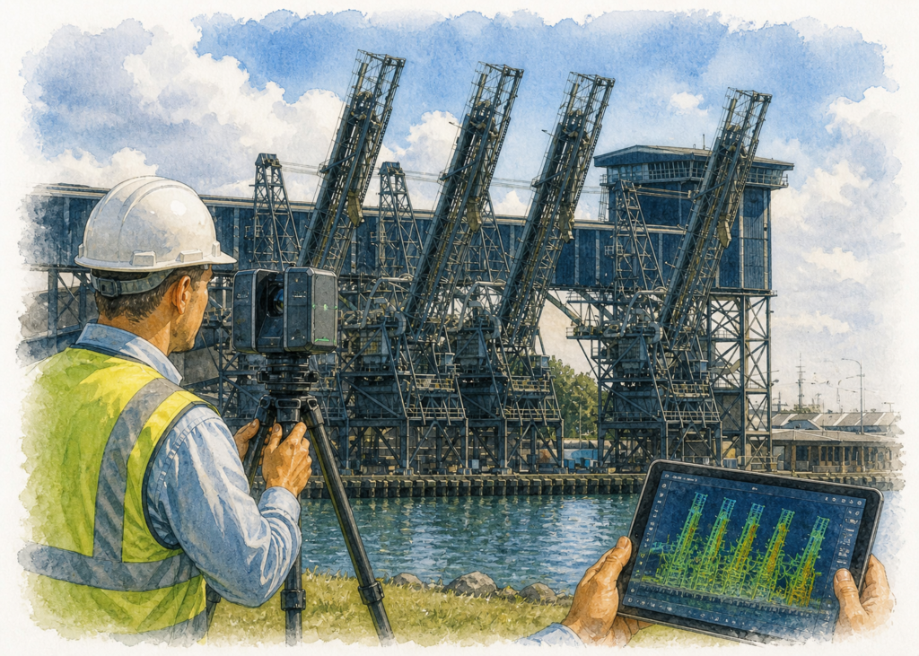 Engineer performing 3D LiDAR scanning of Newcastle port ship loaders with industrial harbour infrastructure in background