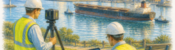 Engineers performing 3D LiDAR scanning in Newcastle harbour park with coal ship departing port and city skyline in background