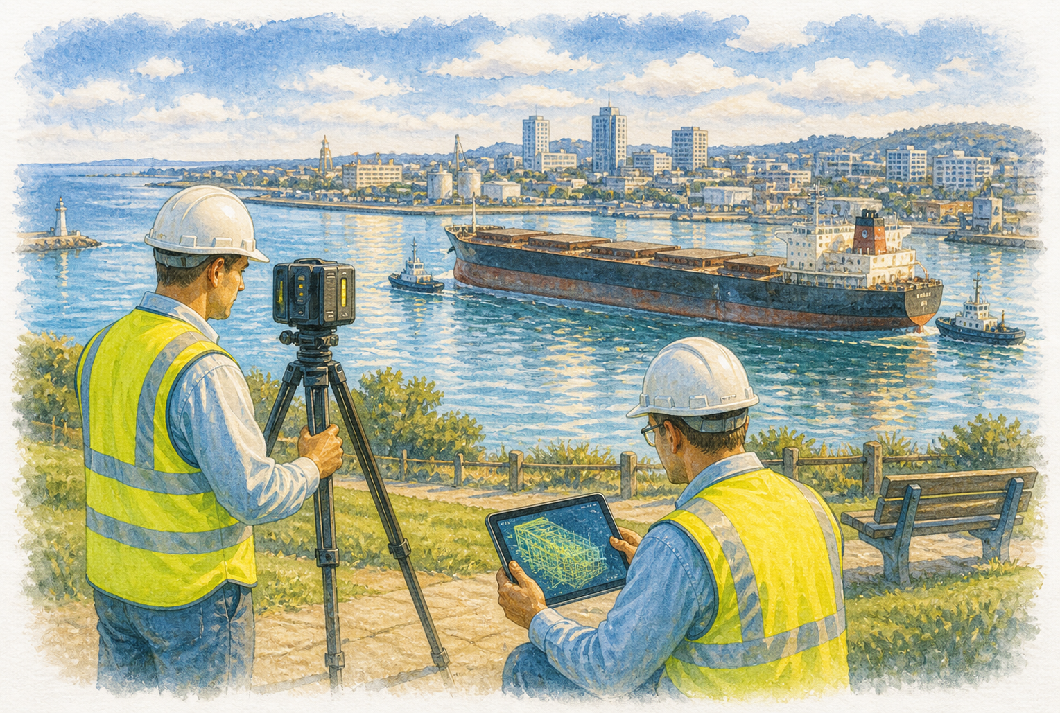 Engineers performing 3D LiDAR scanning in Newcastle harbour park with coal ship departing port and city skyline in background