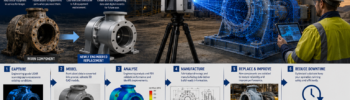 Engineering-grade reverse engineering workflow showing LiDAR scanning, CAD modelling, and FEA analysis used to recreate industrial equipment components.