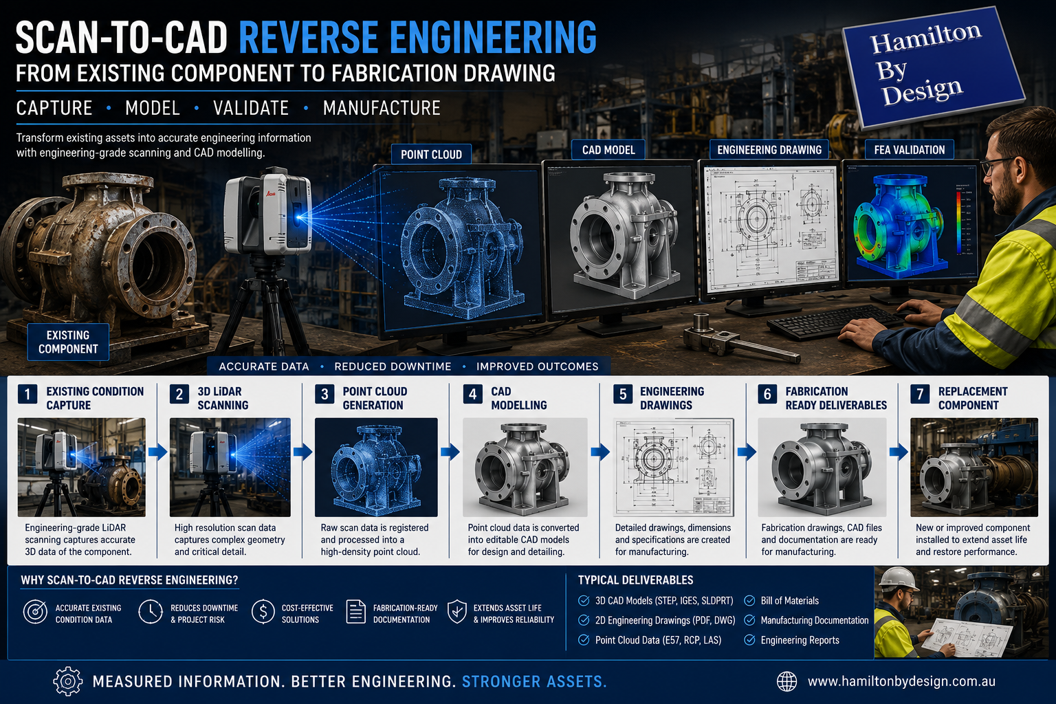 Engineering-grade Scan-to-CAD reverse engineering workflow converting existing industrial equipment into CAD models and fabrication-ready drawings.