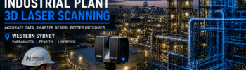 Industrial plant at night with engineer using a FARO 3D laser scanner and tablet, capturing a digital point cloud of pipework in Western Sydney.