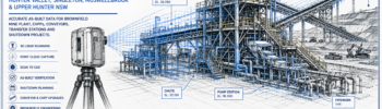 Technical drawing style hero image showing a 3D LiDAR scanner capturing a Hunter Valley surface mine processing plant with conveyors, CHPP structure, pipework, pump station and brownfield mining infrastructure.