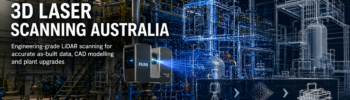 3D laser scanning Australia hero image showing a FARO scanner capturing point cloud data inside an industrial plant for Scan to CAD, mechanical engineering and as-built modelling by Hamilton By Design.
