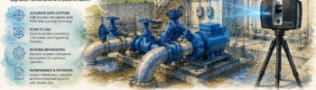 Watercolour illustration of 3D laser scanning of a Sydney pump station for reverse engineering, asset life extension and engineering documentation