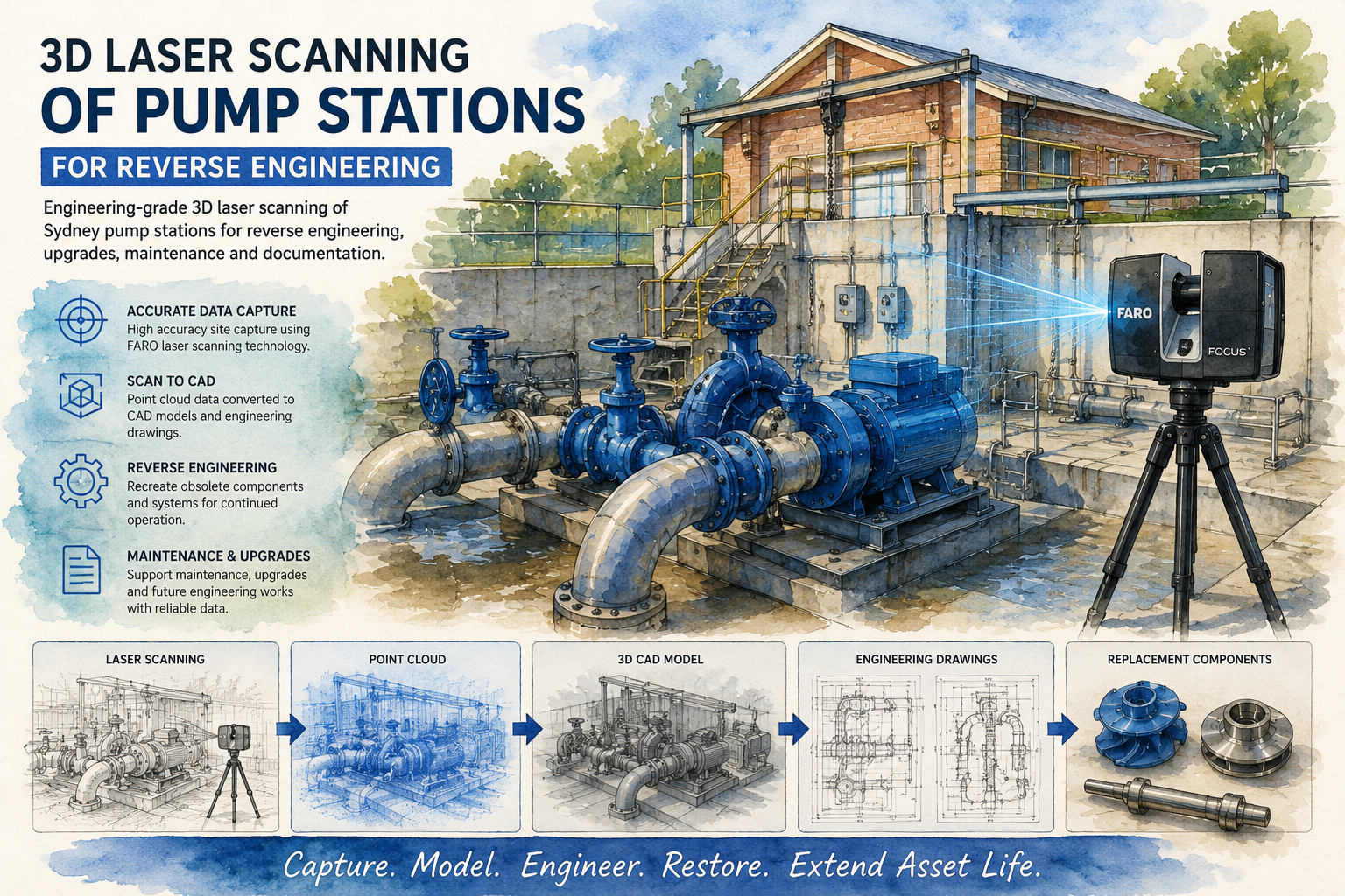 Watercolour illustration of 3D laser scanning of a Sydney pump station for reverse engineering, asset life extension and engineering documentation