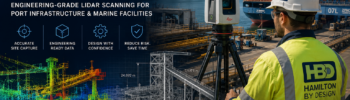Engineer performing terrestrial LiDAR scanning at Sydney port infrastructure with container cranes, marine facilities and digital point cloud modelling for engineering design and asset management.