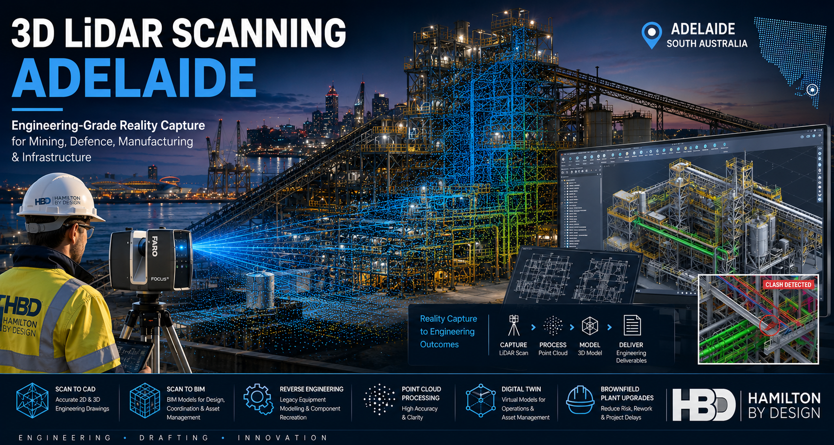3D LiDAR Scanning Adelaide engineer using FARO laser scanner to capture an industrial processing plant with point cloud data and digital twin modelling.