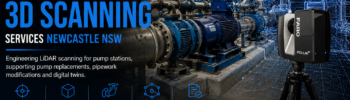 Pump Station 3D Scanning Services in Newcastle NSW using engineering-grade LiDAR scanning to capture pumps, pipework and infrastructure for accurate pump replacements, Scan to CAD and digital twin modelling.