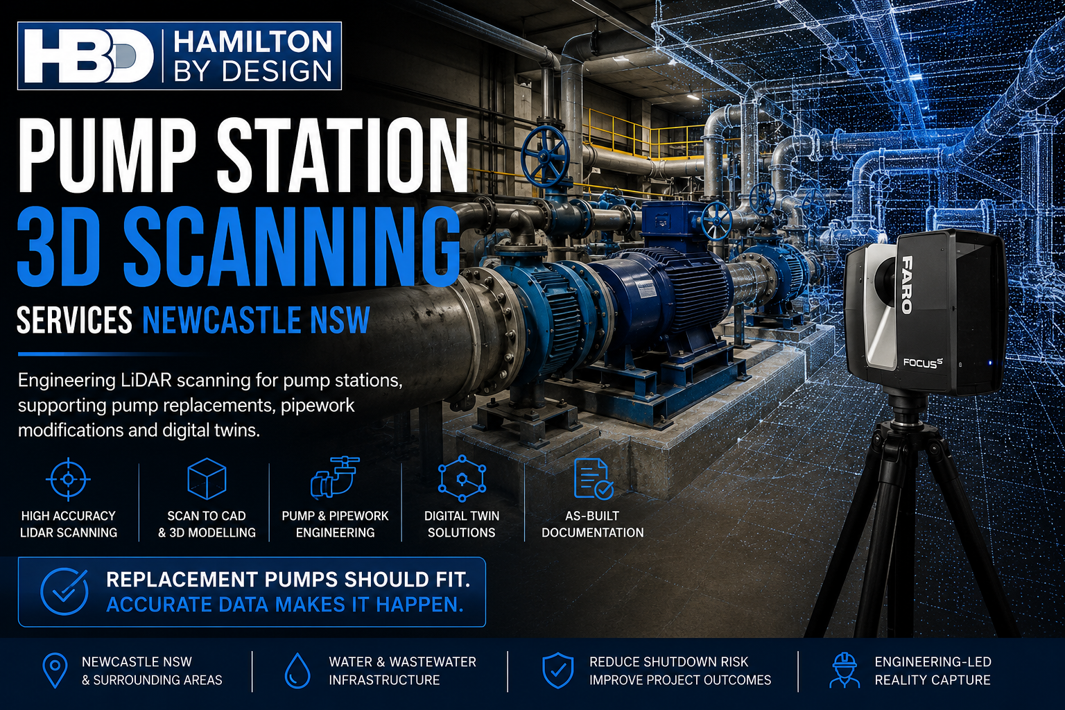 Pump Station 3D Scanning Services in Newcastle NSW using engineering-grade LiDAR scanning to capture pumps, pipework and infrastructure for accurate pump replacements, Scan to CAD and digital twin modelling.