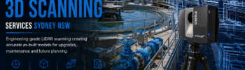 Engineering-grade LiDAR scanning at a Sydney water treatment plant, capturing tanks, pipework and process infrastructure to create accurate As-Built models for plant upgrades, Scan to CAD and digital twin development.