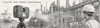 Pencil drawing of 3D scanning and mechanical engineering services in Kwinana WA, showing a FARO laser scanner, point cloud, industrial plant, CAD overlay and engineer with tablet.
