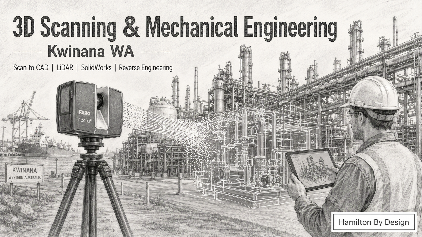 Pencil drawing of 3D scanning and mechanical engineering services in Kwinana WA, showing a FARO laser scanner, point cloud, industrial plant, CAD overlay and engineer with tablet.