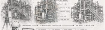 AI-assisted Scan-to-BIM workflow illustrated as a pencil sketch showing an industrial processing plant progressing from LiDAR point cloud capture through automated object recognition to a completed BIM digital twin model.