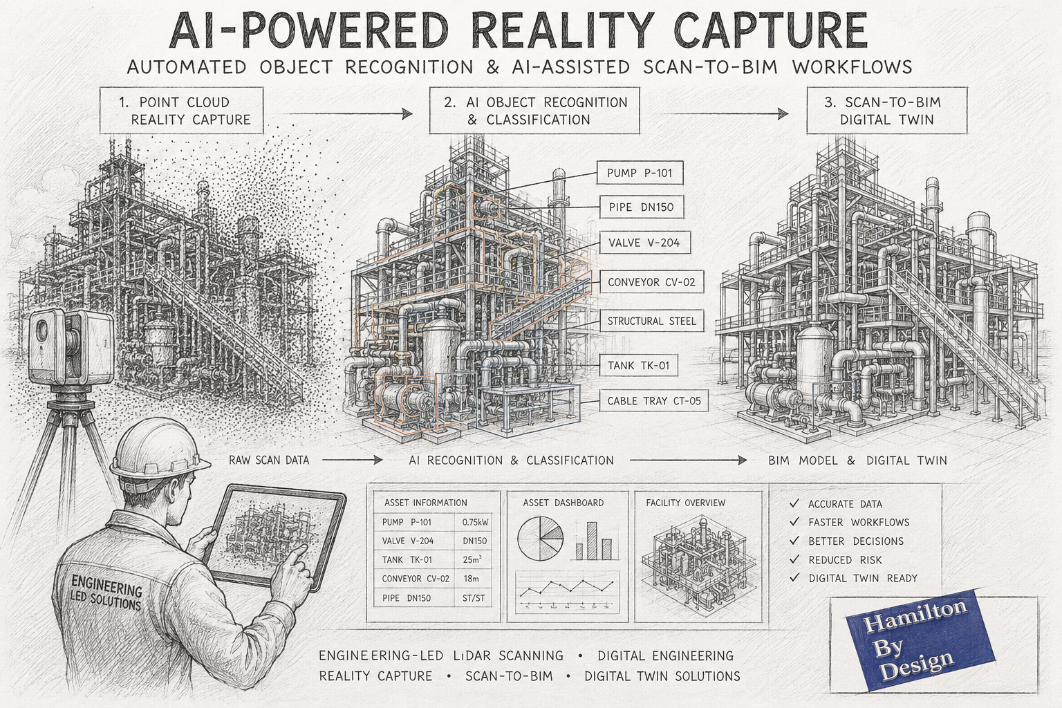 AI-assisted Scan-to-BIM workflow illustrated as a pencil sketch showing an industrial processing plant progressing from LiDAR point cloud capture through automated object recognition to a completed BIM digital twin model.
