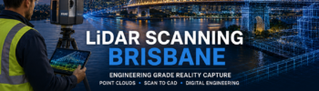 Engineering-grade LiDAR scanning in Brisbane featuring the Story Bridge, Brisbane River and CBD skyline with a terrestrial laser scanner capturing point cloud data for reality capture, Scan to CAD and digital engineering services.