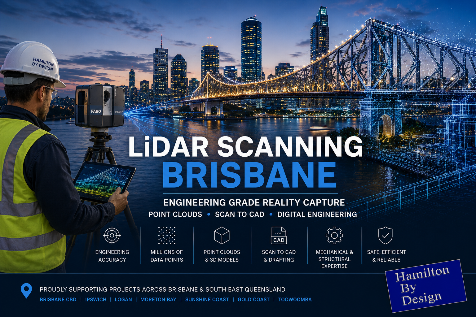 Engineering-grade LiDAR scanning in Brisbane featuring the Story Bridge, Brisbane River and CBD skyline with a terrestrial laser scanner capturing point cloud data for reality capture, Scan to CAD and digital engineering services.