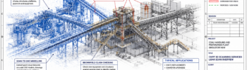 Technical drawing sheet showing CHPP 3D scanning services in Singleton NSW, with LiDAR point cloud data, coal handling plant structures, corrosion risk areas, scan-to-CAD modelling and Hamilton By Design branding.