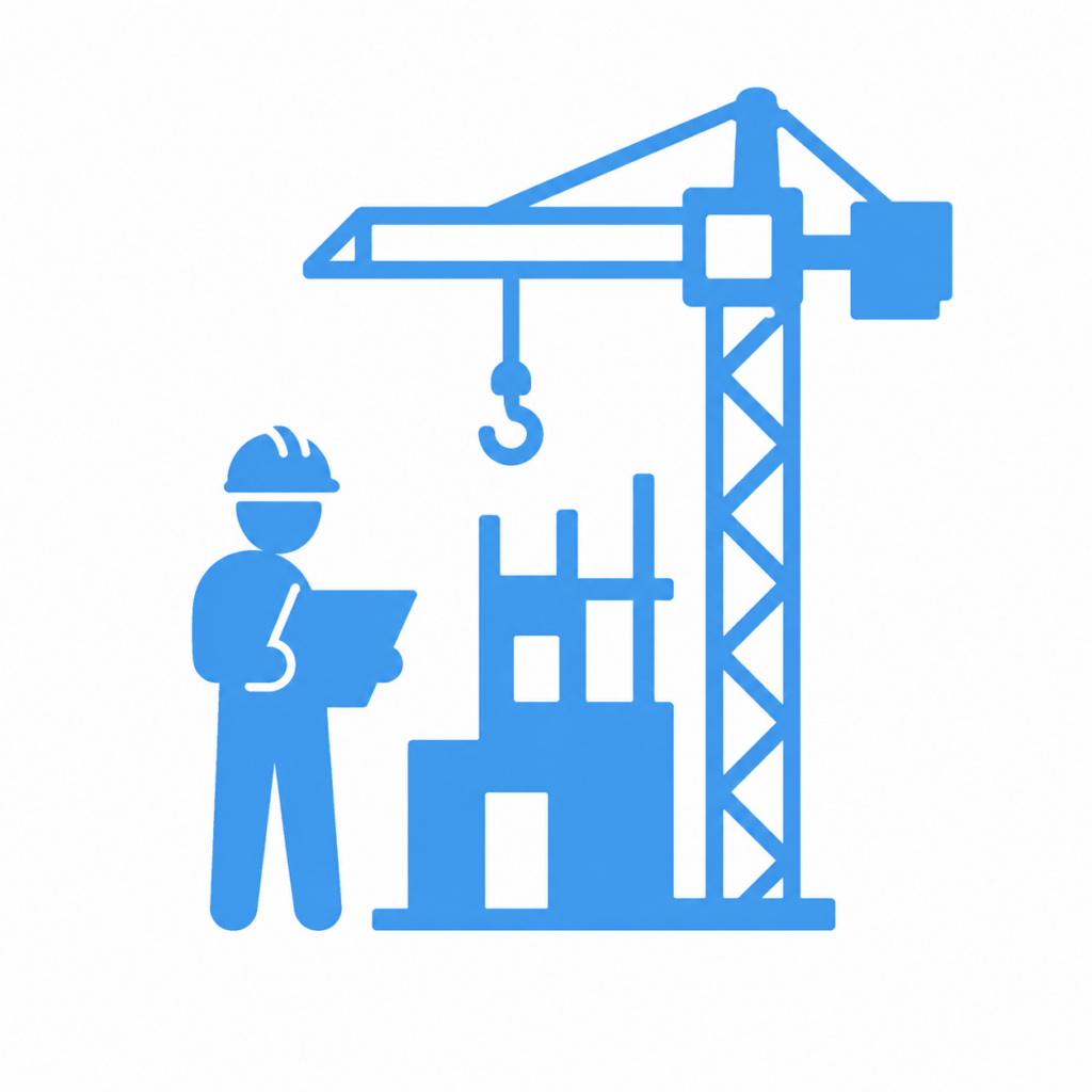 Construction engineering icon showing a site engineer reviewing plans beside a tower crane and partially completed building structure, illustrated in a blue gradient line-art style.