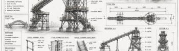 Engineering Drafting Sydney Ports technical drawing showing conveyor systems, fabrication drawings, general arrangement layouts, structural steel details and materials handling infrastructure.