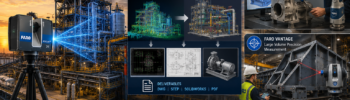 Industrial engineering workflow showing FARO Focus laser scanning of a processing plant, digital Scan-to-CAD modelling, FARO Quantum Arm reverse engineering of a pump housing, and FARO Vantage laser tracker inspection of a fabricated steel structure.