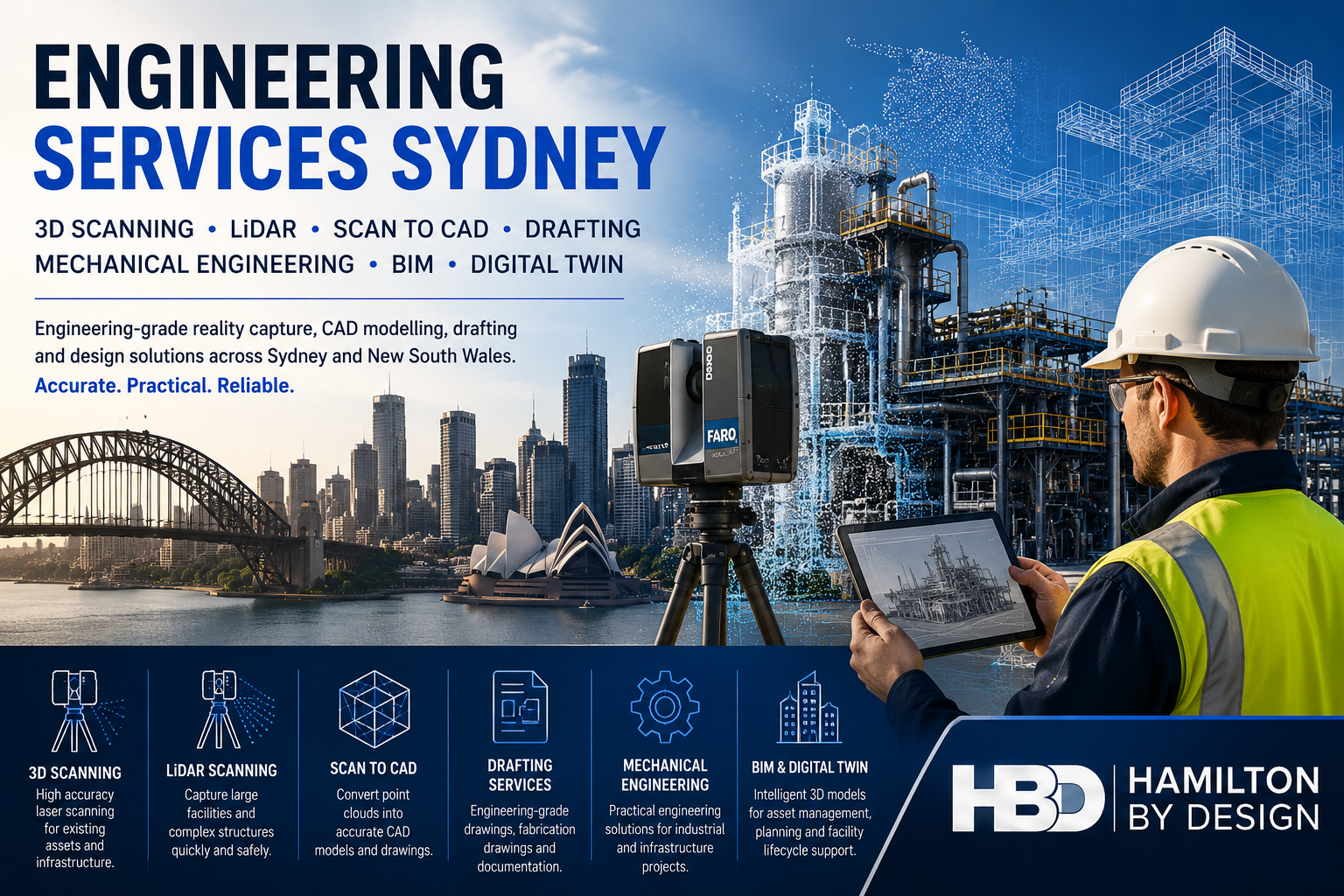 Engineering Services Sydney by Hamilton By Design featuring 3D laser scanning, LiDAR scanning, scan to CAD, drafting, BIM, digital twin development and mechanical engineering services across Sydney and New South Wales.