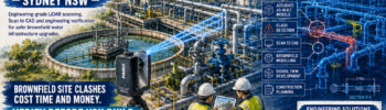 Engineering-grade LiDAR scanning of Sydney brownfield water infrastructure, capturing existing pipework, tanks, pumps and structural assets to support engineering verification, Scan to CAD and digital twin development.