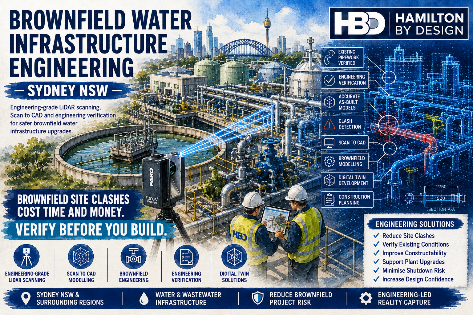 Engineering-grade LiDAR scanning of Sydney brownfield water infrastructure, capturing existing pipework, tanks, pumps and structural assets to support engineering verification, Scan to CAD and digital twin development.
