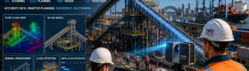 Sydney Port Shutdown Engineering Support engineers performing LiDAR scanning and digital shutdown planning at a Sydney port facility with conveyors, cranes, point cloud models, CAD drawings and engineering design overlays.