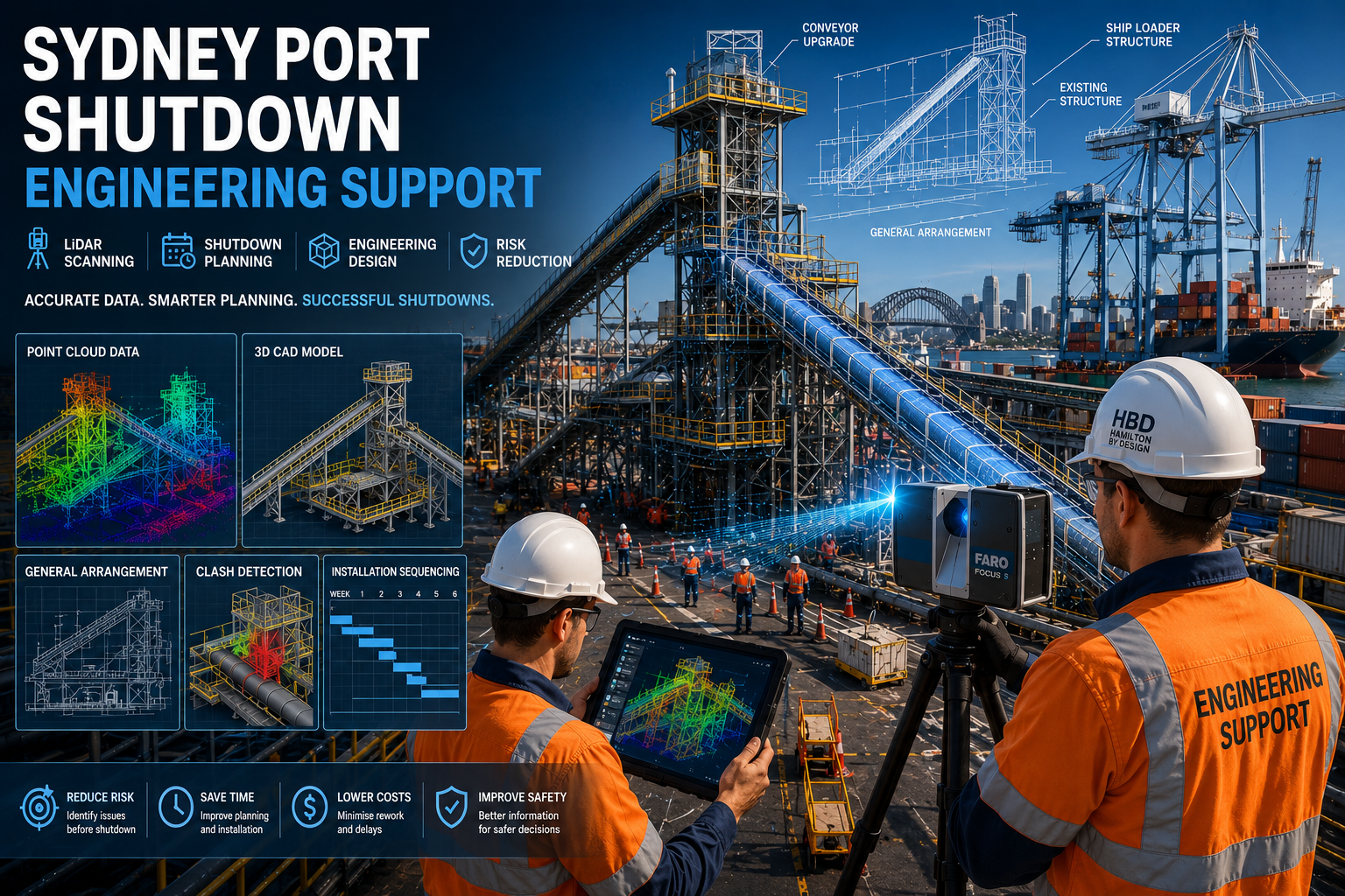 Sydney Port Shutdown Engineering Support engineers performing LiDAR scanning and digital shutdown planning at a Sydney port facility with conveyors, cranes, point cloud models, CAD drawings and engineering design overlays.