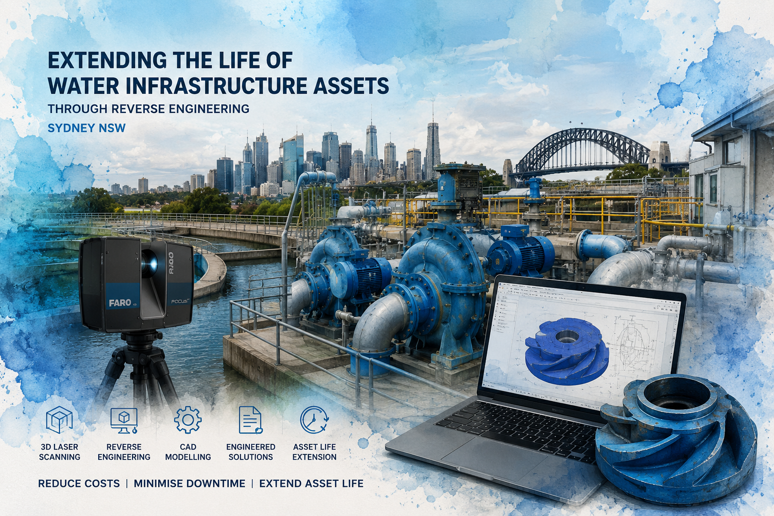 Water infrastructure asset life extension project in Sydney using reverse engineering, 3D laser scanning, CAD modelling and engineered replacement pump components for water utilities.