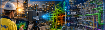 Reality Capture Brisbane hero image showing an engineer operating a terrestrial LiDAR scanner at an industrial facility with a 3D point cloud overlay, structural modelling, mechanical drafting, pipework drafting, AI-enabled digital engineering workflows and SolidWorks 3DEXPERIENCE integration by Hamilton By Design.