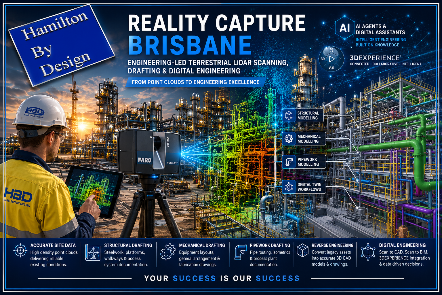Reality Capture Brisbane hero image showing an engineer operating a terrestrial LiDAR scanner at an industrial facility with a 3D point cloud overlay, structural modelling, mechanical drafting, pipework drafting, AI-enabled digital engineering workflows and SolidWorks 3DEXPERIENCE integration by Hamilton By Design.