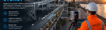 Port Facility LiDAR Scanning Sydney showing a surveyor using a terrestrial laser scanner to capture conveyors, terminal infrastructure and marine assets at a Sydney port facility for engineering design, asset management and Scan-to-CAD projects.
