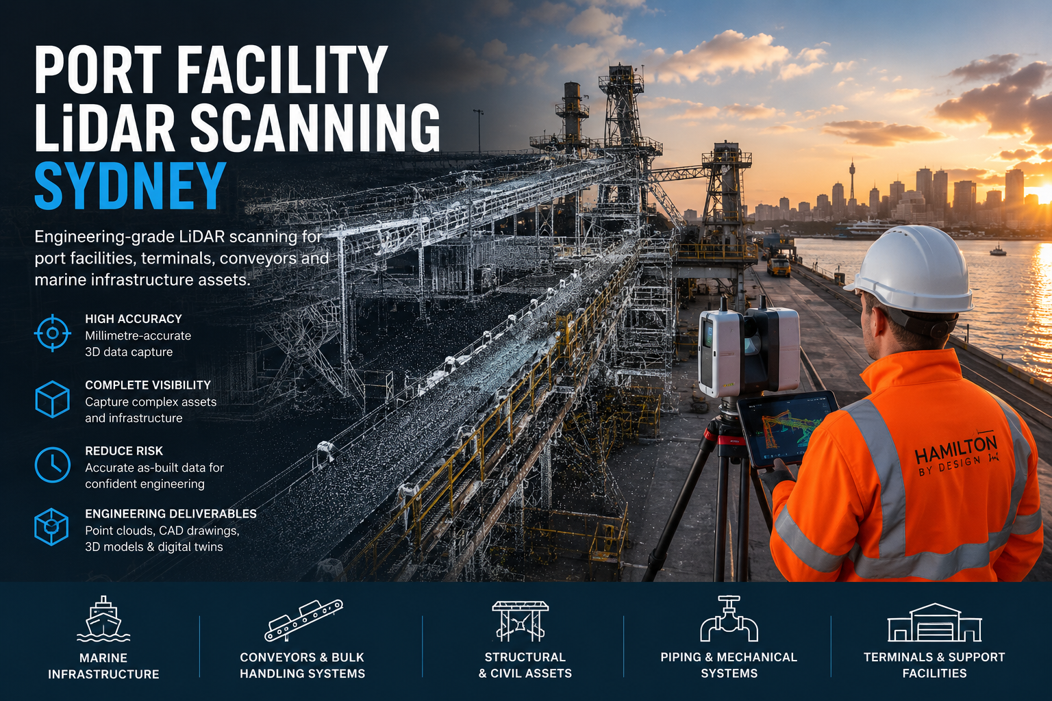 Port Facility LiDAR Scanning Sydney showing a surveyor using a terrestrial laser scanner to capture conveyors, terminal infrastructure and marine assets at a Sydney port facility for engineering design, asset management and Scan-to-CAD projects.