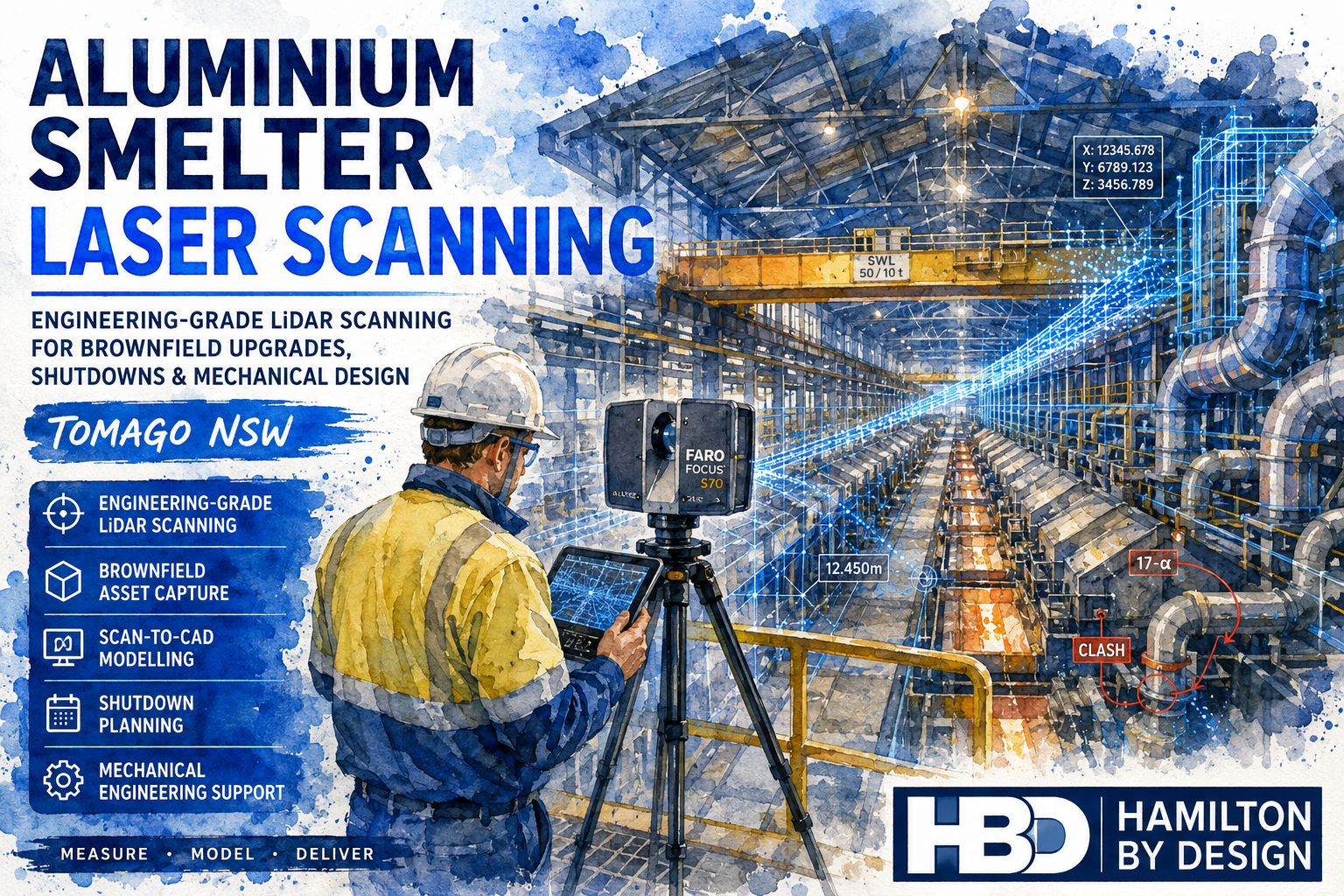 Engineering-grade LiDAR laser scanning inside an aluminium smelter in Tomago NSW supporting brownfield upgrades, shutdown planning, Scan-to-CAD modelling and mechanical engineering.
