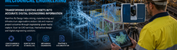 Engineering-led LiDAR scanning and reality capture at an Australian mining facility, showing a field engineer using a terrestrial laser scanner and tablet with point cloud and 3D CAD model overlays for digital engineering and mechanical design.