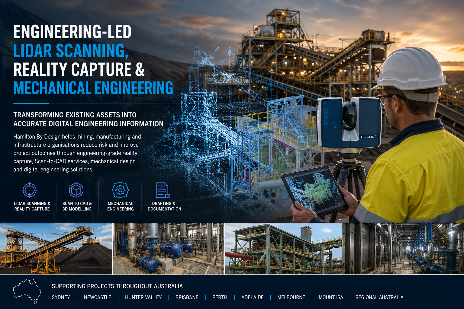 Engineering-led LiDAR scanning and reality capture at an Australian mining facility, showing a field engineer using a terrestrial laser scanner and tablet with point cloud and 3D CAD model overlays for digital engineering and mechanical design.