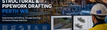 Mechanical, Structural and Pipework Drafting Perth WA promotional banner featuring an industrial processing plant, 3D CAD modelling, laser scanning technology and Hamilton By Design engineering services.