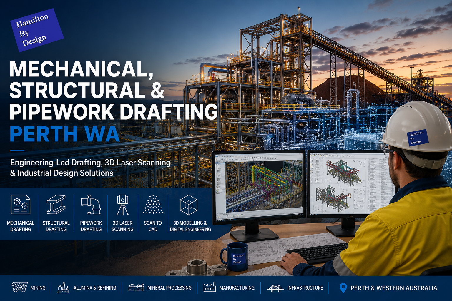 Mechanical, Structural and Pipework Drafting Perth WA promotional banner featuring an industrial processing plant, 3D CAD modelling, laser scanning technology and Hamilton By Design engineering services.