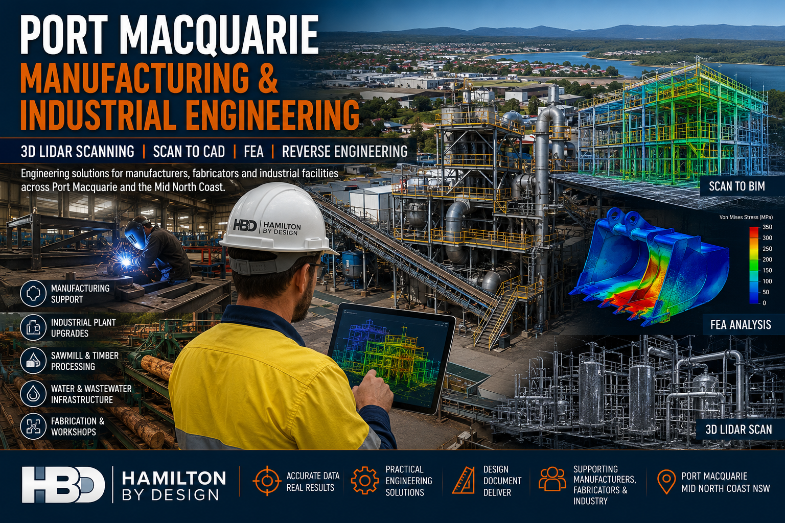 Port Macquarie manufacturing and industrial engineering services featuring 3D LiDAR scanning, Scan to BIM, FEA analysis, fabrication support and industrial plant upgrades by Hamilton By Design.