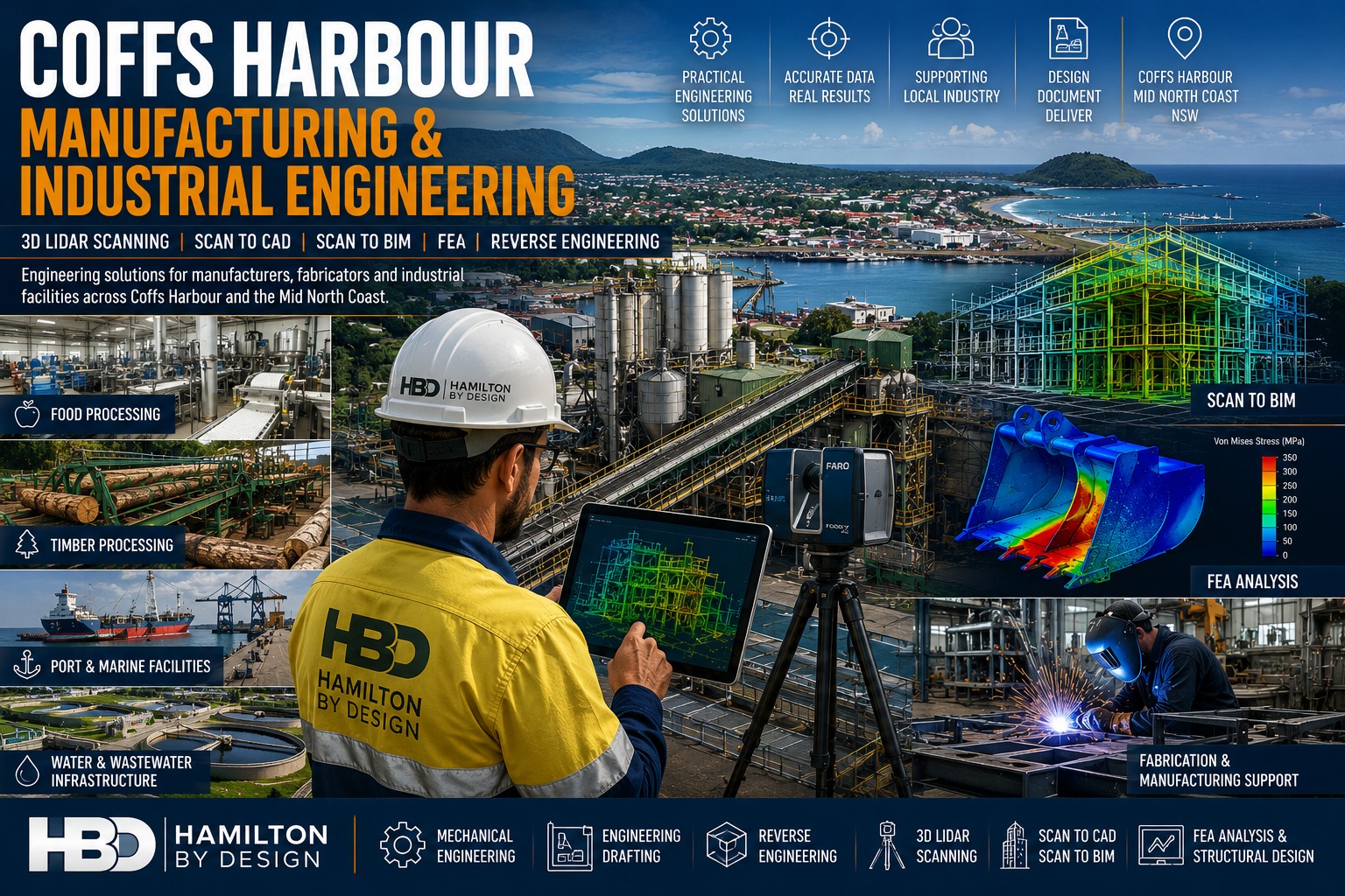 Coffs Harbour manufacturing and industrial engineering services featuring 3D LiDAR scanning, Scan to BIM, FEA analysis, food processing facilities, timber processing plants, marine infrastructure and fabrication workshops.